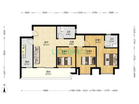 重庆汽车公园 3室1厅2卫 88平方