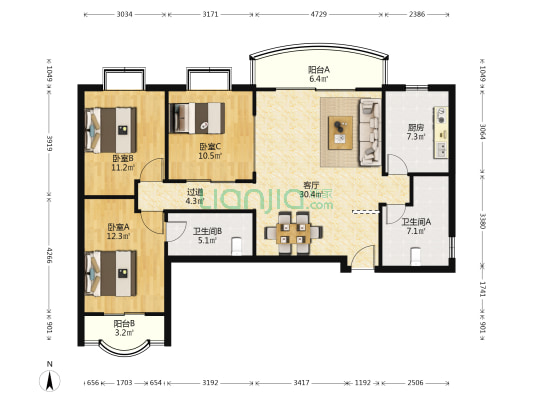 顶秀嘉园 3室1厅2卫 127平方