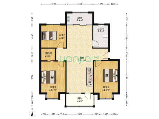 紫竹小区 3室1厅1卫 107平方