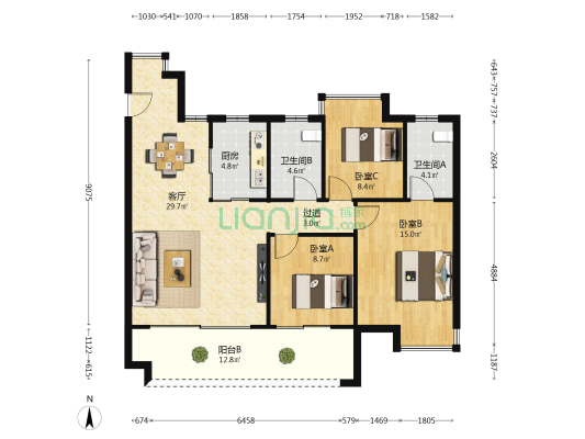万科江右东方 3室1厅2卫 117平方