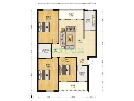 龙海花园 3室1厅2卫 122平方