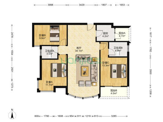 城市家园 3室1厅2卫 106平方