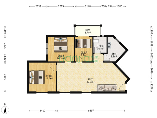 将军新村二期 3室1厅1卫 96平方
