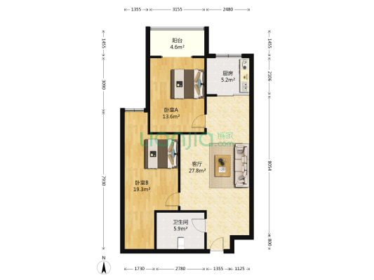 华泰豪庭精装修北向二居房本满五唯一-户型图