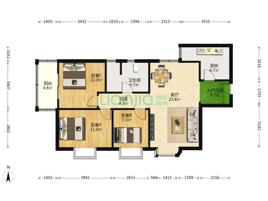 东翠花园金麟台 3室1厅1卫 103平方