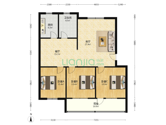 新都园 3室2厅1卫 128平方
