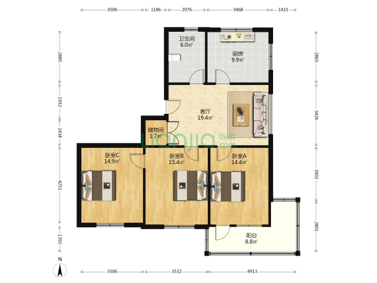 固城湖南路 3室1厅1卫 91平方