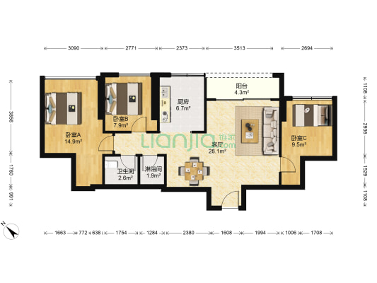 宏发前城 3室1厅2卫 74平方