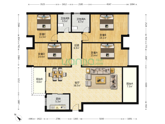 金鹿花园三期 4室1厅2卫 158平方