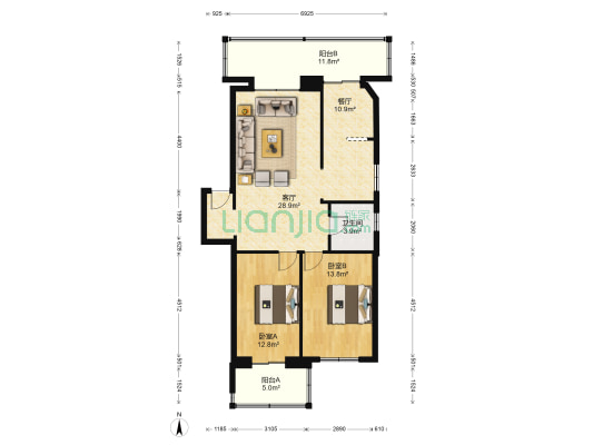 监狱管理局宿舍 2室2厅1卫 102平方