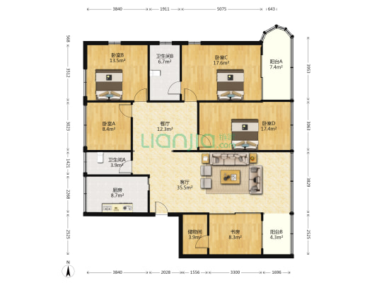 华康小区 5室2厅2卫 162平方