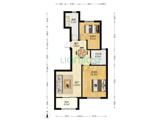 景阳山庄 2室2厅1卫 92平方
