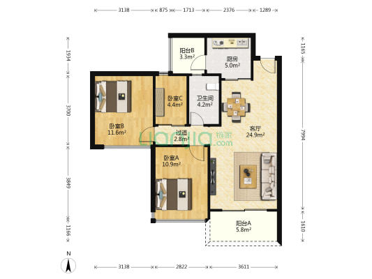 学府道花园 3室1厅1卫 76平方