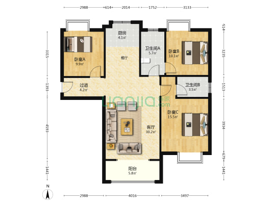 红旗佳园 3室1厅2卫 125平方