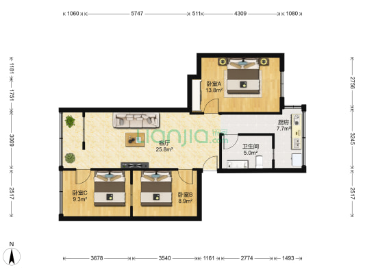 南大大厦 3室1厅1卫 90平方