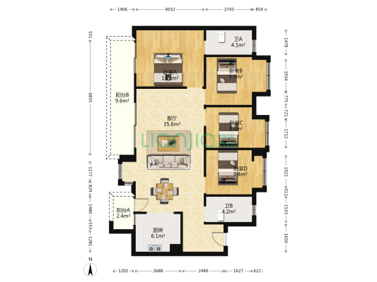 碧桂园旌湖上境北区 4室1厅2卫 127平方