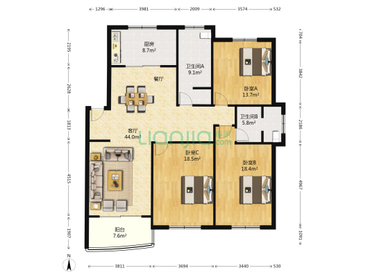 兴欣花苑 3室1厅2卫 141平方