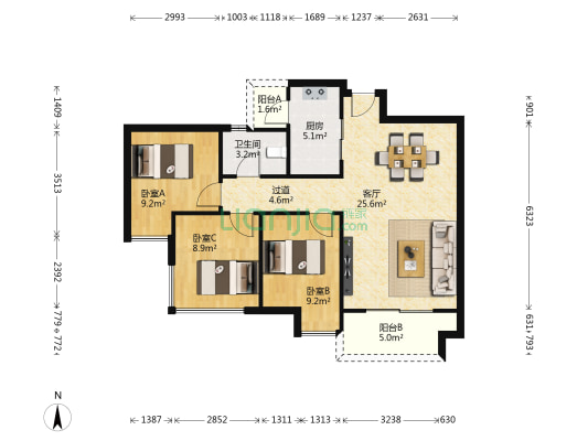 恒瑞新川中心一期 3室1厅1卫 92平方