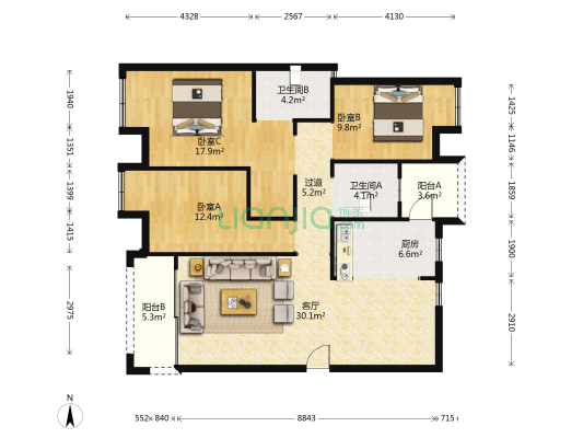依云尚品 3室1厅2卫 114平方