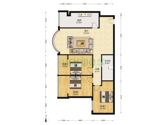 闻汇商务大厦 3室1厅1卫 145平方