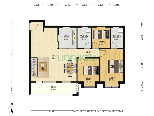 熙云里 3室1厅2卫 126平方