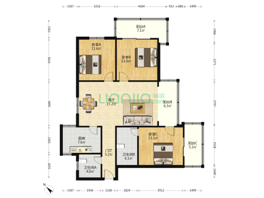 旭龙大厦 3室1厅2卫 130平方