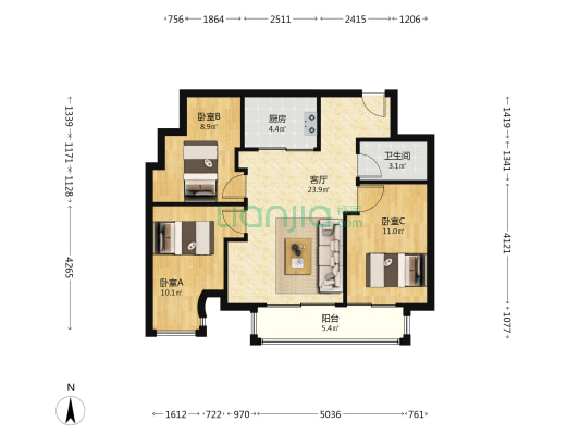 佳兆业壹号 3室1厅1卫 115平方