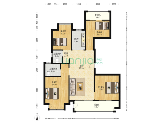 滨河花园 4室1厅2卫 143平方