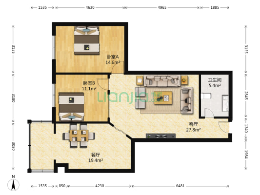 铁厦家园 2室2厅1卫 103平方