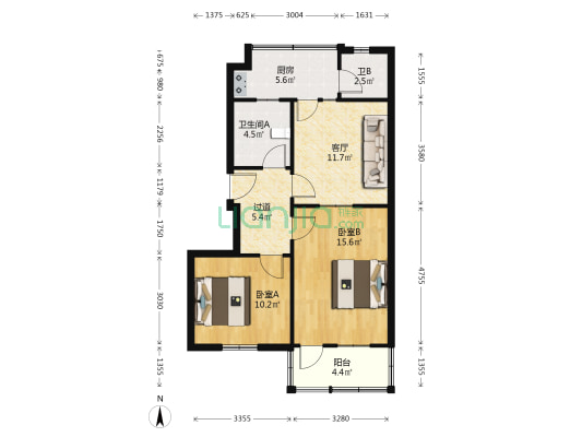 延平路21号楼 2室1厅2卫 74平方