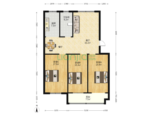 北平旺小区 3室1厅1卫 124平方