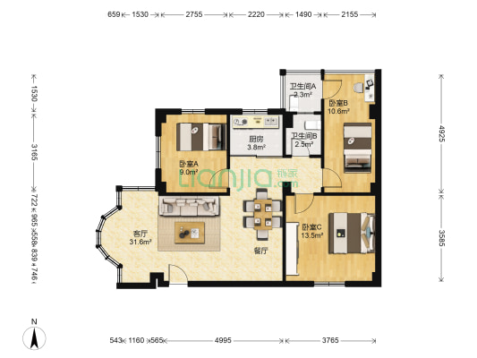 华源阁 3室1厅2卫 76平方