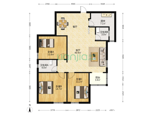 花开富贵广场b座 3室1厅2卫 130平方