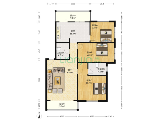 金帝花城 3室1厅2卫 135平方
