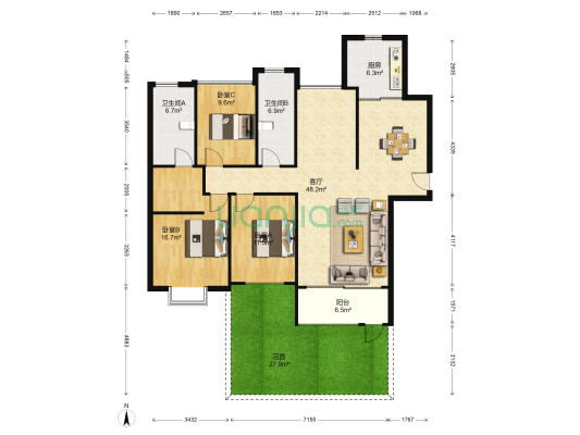 檀香花园 3室1厅2卫 119平方