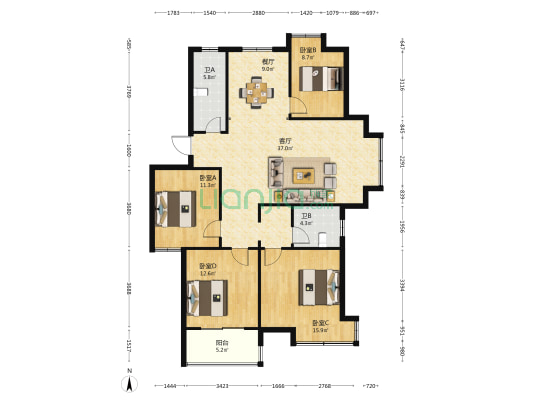 鑫泰城北区 4室2厅2卫 140平方