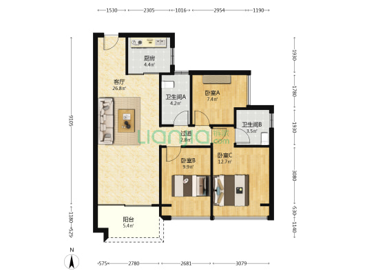 碧桂园揽月居 3室1厅2卫 95平方