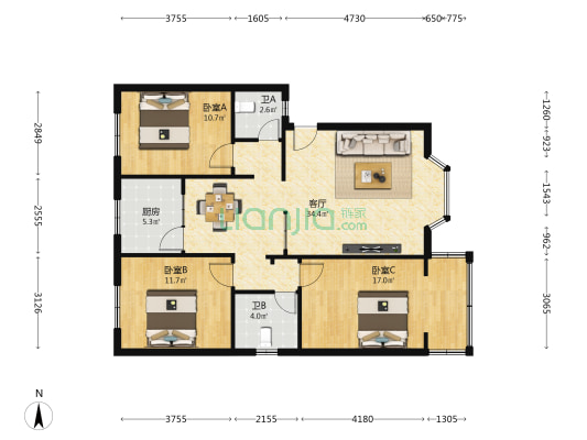 洪欣苑 3室1厅2卫 107平方