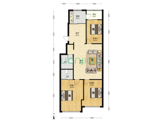 龙浦三街 3室2厅2卫 120平方