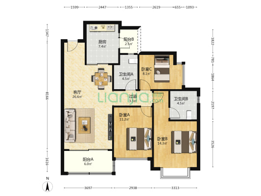恒大悦府 3室1厅2卫 117平方
