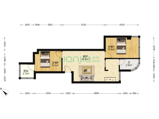 北苑大厦 2室1厅1卫 52平方