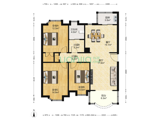 辰元小区 3室2厅1卫 108平方