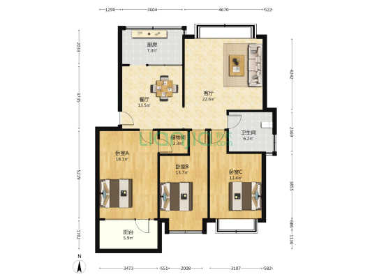 鑫港花园南区 3室2厅1卫 118平方
