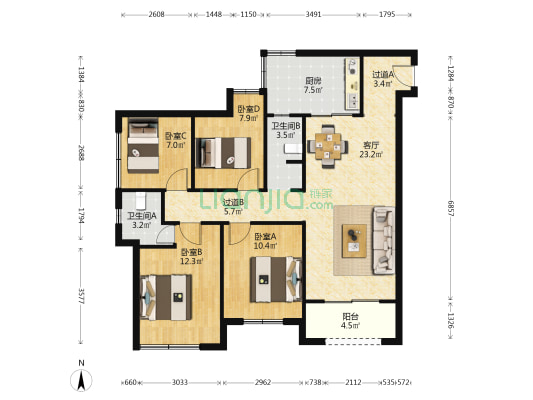 联发龙洲湾一号A区 4室1厅2卫 105平方