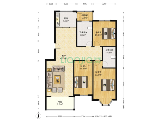 鸣泉嘉园 3室1厅2卫 138平方