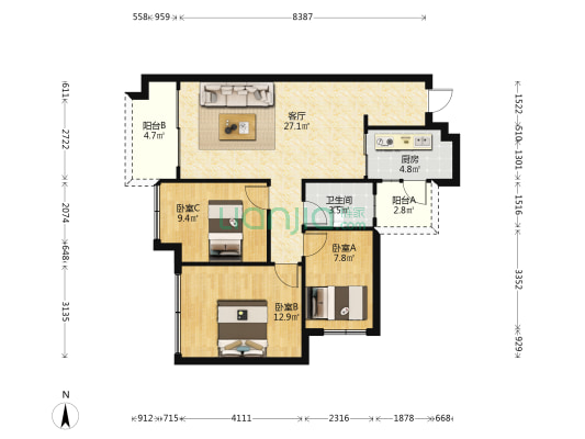 海伦堡·海伦璟园 3室1厅1卫 88平方