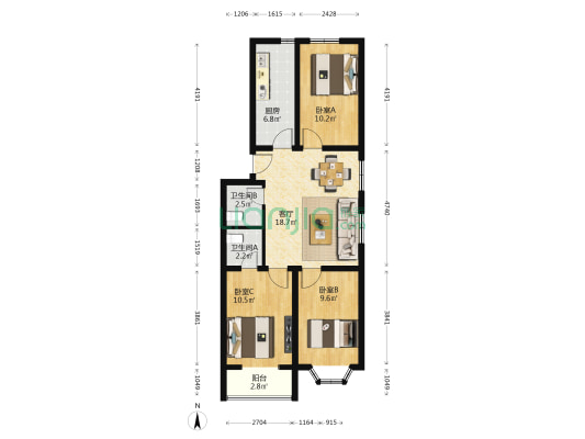 林家胡同2号院 3室1厅2卫 91平方