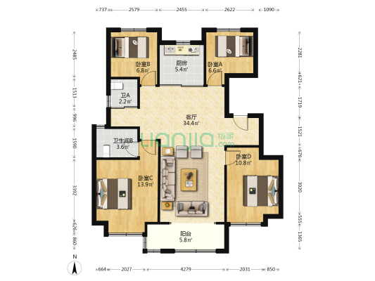 吾悦华邸 4室1厅2卫 118平方
