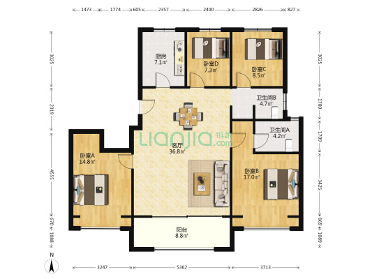 龙居华府 4室1厅2卫 141平方