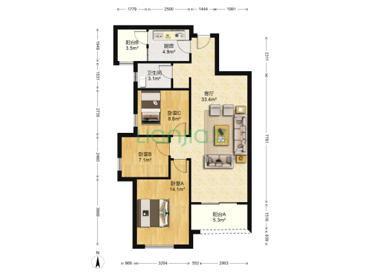 万科华府 3室1厅1卫 95平方